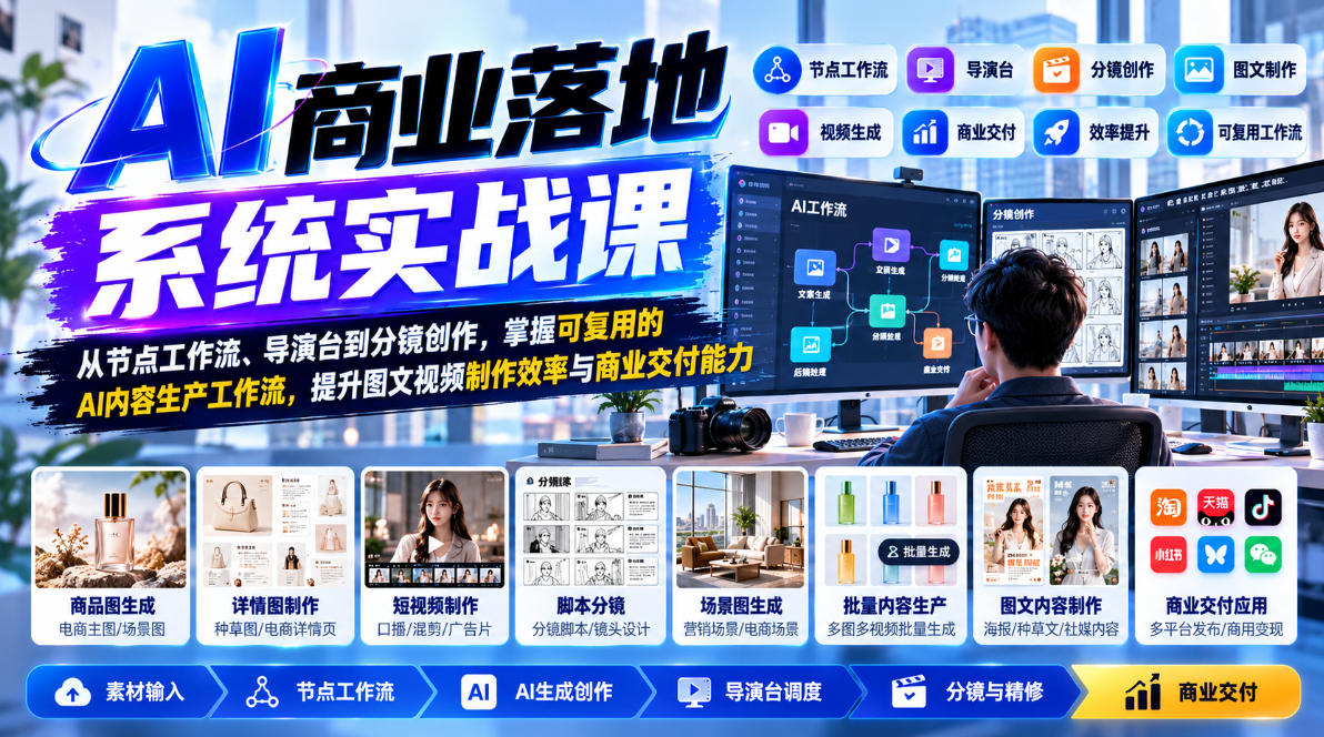【无水印】AI商业落地系统实战课,从节点工作流、导演台到分镜创作,掌握可复用的AI内容生产工作流,提升图文视频制作效率与商业交付能力-来聚吧