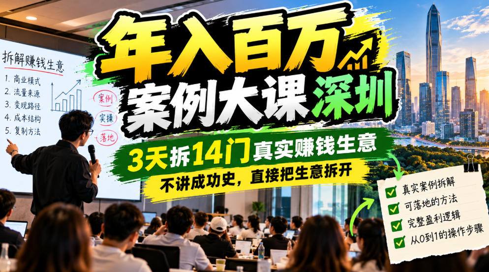 年入百W案例大课深圳,3天拆14门真实賺钱生意,不讲成功史,直接把生意拆开-来聚吧