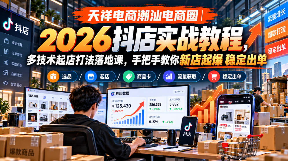 天祥电商潮汕电商圈|2026抖店实战教程,多技术起店打法落地课,手把手教你新店起爆稳定出单-来聚吧