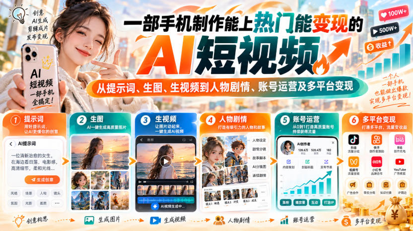【无水印】一部手机制作能上热门能变现的AI短视频,从提示词、生图、生视频到人物剧情、账号运营及多平台变现(更新)-来聚吧