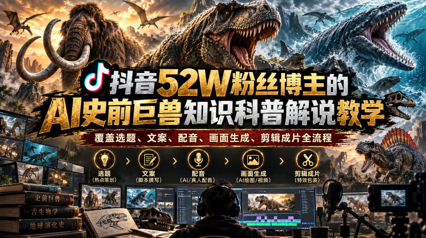 抖音52W粉丝博主的AI史前巨兽知识科普解说教学，覆盖选题、文案、配音、画面生成、剪辑成片全流程-来聚吧