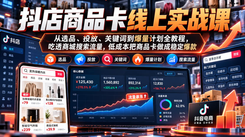 抖店商品卡线上实战课|从选品、投放、关键词到爆量计划全教程,吃透商城搜索流量,低成本把商品卡做成稳定爆款-来聚吧