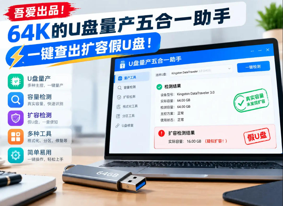 吾爱出品!64K的U盘量产五合一助手,一键查出扩容假U盘!-来聚吧