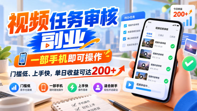 视频任务审核副业，一部手机即可操作，门槛低、上手快，单日收益可达200+【揭秘】-来聚吧