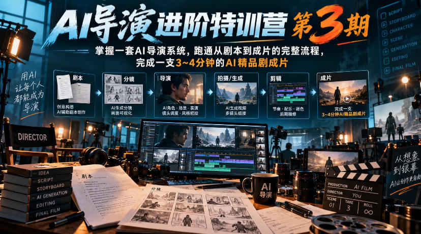 AI导演进阶特训营第3期,掌握一套AI导演系统,跑通从剧本到成片的完整流程,完成一支3~4分钟的AI精品剧成片(附1、2期)-来聚吧