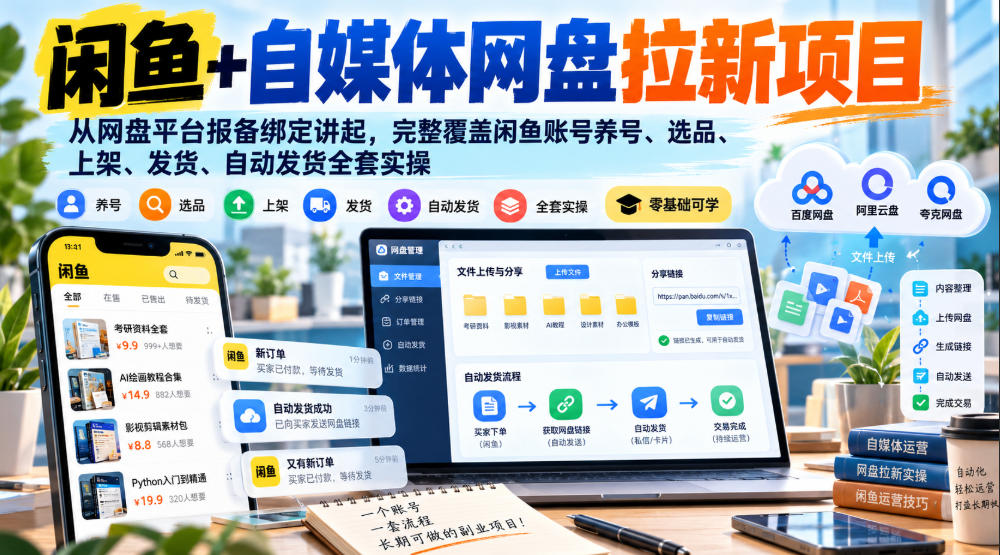 闲鱼+自媒体网盘拉新项目,从网盘平台报备绑定讲起,完整覆盖闲鱼账号养号、选品、上架、发货、自动发货全套实操-来聚吧