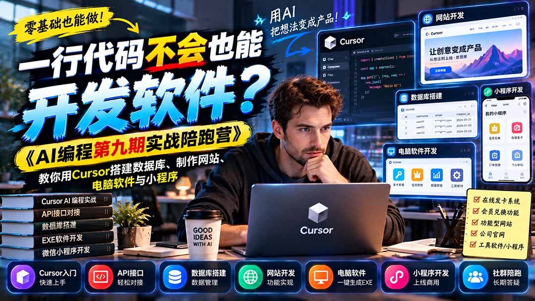 一行代码不会也能开发软件?《AI编程第九期实战陪跑营》教你用Cursor搭建数据库、制作网站、电脑软件与小程序-来聚吧
