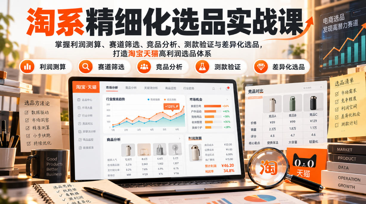 货架电商精细化选品实战课:掌握利润测算、赛道筛选、竞品分析、测款验证与差异化选品,打造淘宝天猫高利润选品体系-来聚吧