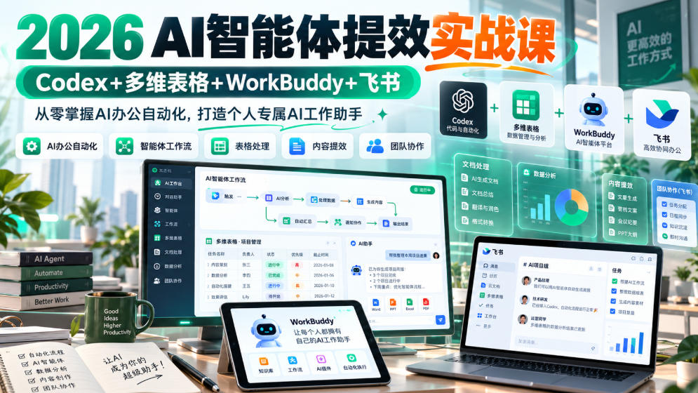 2026 AI智能体提效实战课:Codex+多维表格+WorkBuddy+飞书,从零掌握AI办公自动化,打造个人专属AI工作助手-来聚吧