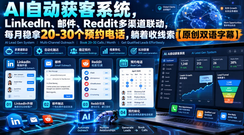 【无水印】AI自动获客系统,LinkedIn、邮件、Reddit多渠道联动,每月稳拿20-30个预约电话,躺着收线索【原创双语字幕】-来聚吧