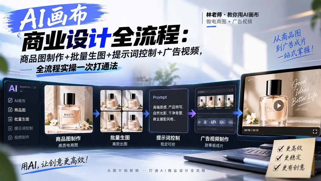 AI画布商业设计全流程-更新1026:商品图制作+批量生图+提示词控制+广告视频,全流程实操一次打通法-来聚吧