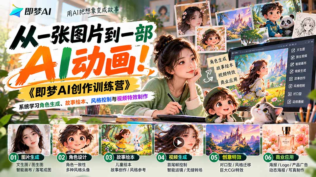 【无水印】从一张图片到一部AI动画!《即梦AI创作训练营》系统学习角色生成、故事绘本、风格控制与视频特效制作-来聚吧
