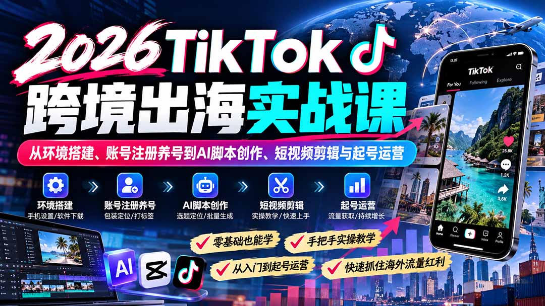 2026TikTok跨境出海实战课:从环境搭建、账号注册养号到AI脚本创作、短视频剪辑与起号运营-来聚吧