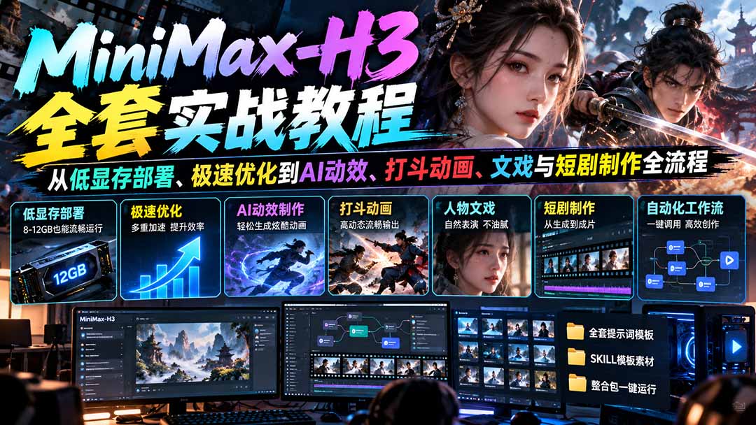 MiniMax-H3全套实战教程:从低显存部署、极速优化到AI动效、打斗动画、文戏与短剧制作全流程-来聚吧