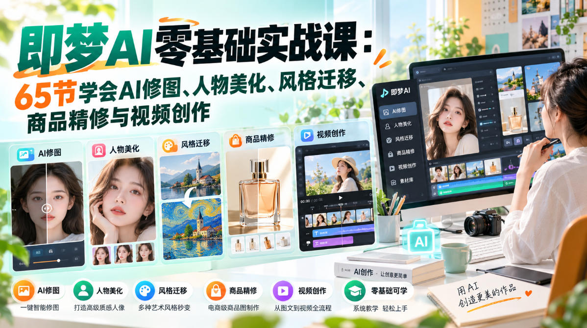 即梦AI零基础实战课:65节学会AI修图、人物美化、风格迁移、商品精修与视频创作-来聚吧