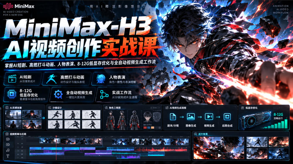 MiniMax-H3 AI视频创作实战课,掌握AI短剧、高燃打斗动画、人物表演、8-12G低显存优化与全自动视频生成工作流-来聚吧