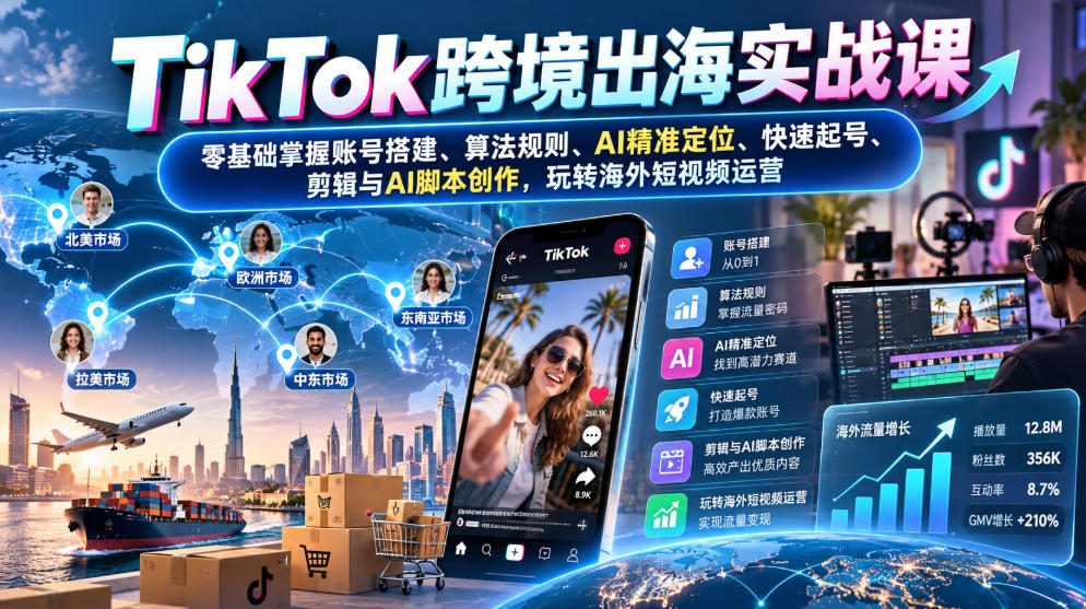 TikTok跨境出海实战课:零基础掌握账号搭建、算法规则、AI精准定位、快速起号、剪辑与AI脚本创作,玩转海外短视频运营-来聚吧