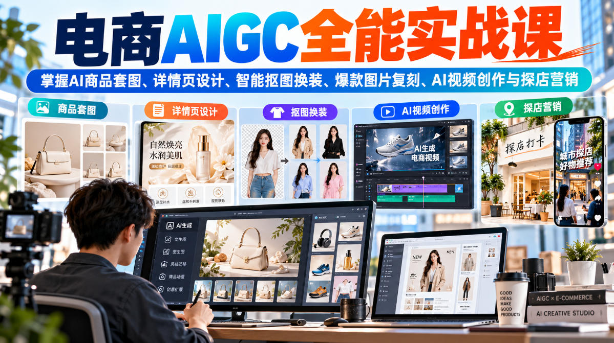电商AIGC全能实战课:掌握AI商品套图、详情页设计、智能抠图换装、爆款图片复刻、AI视频创作与探店营销-来聚吧