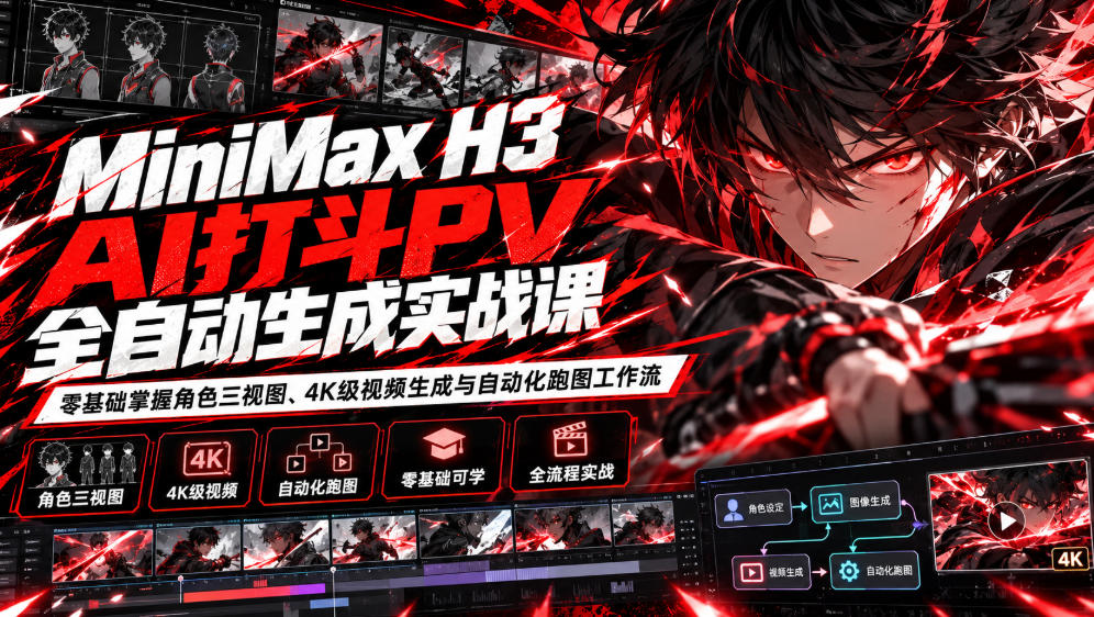 MiniMax H3 AI打斗PV全自动生成实战课：零基础掌握角色三视图、4K级视频生成与自动化跑图工作流-来聚吧