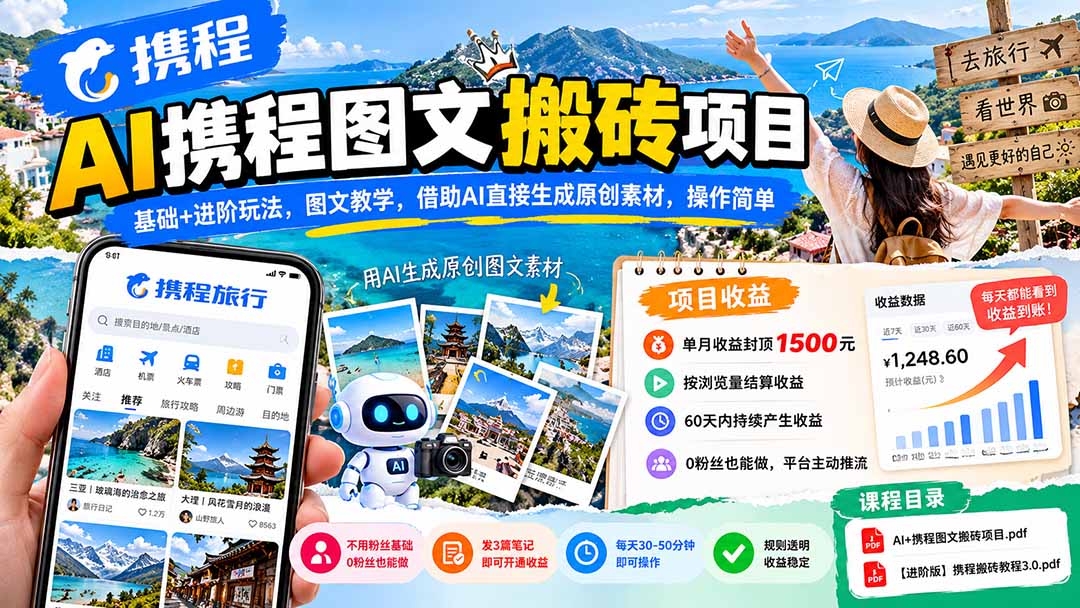 AI携程图文搬砖项目,基础+进阶玩法,图文教学,借助AI直接生成原创素材,操作简单-来聚吧