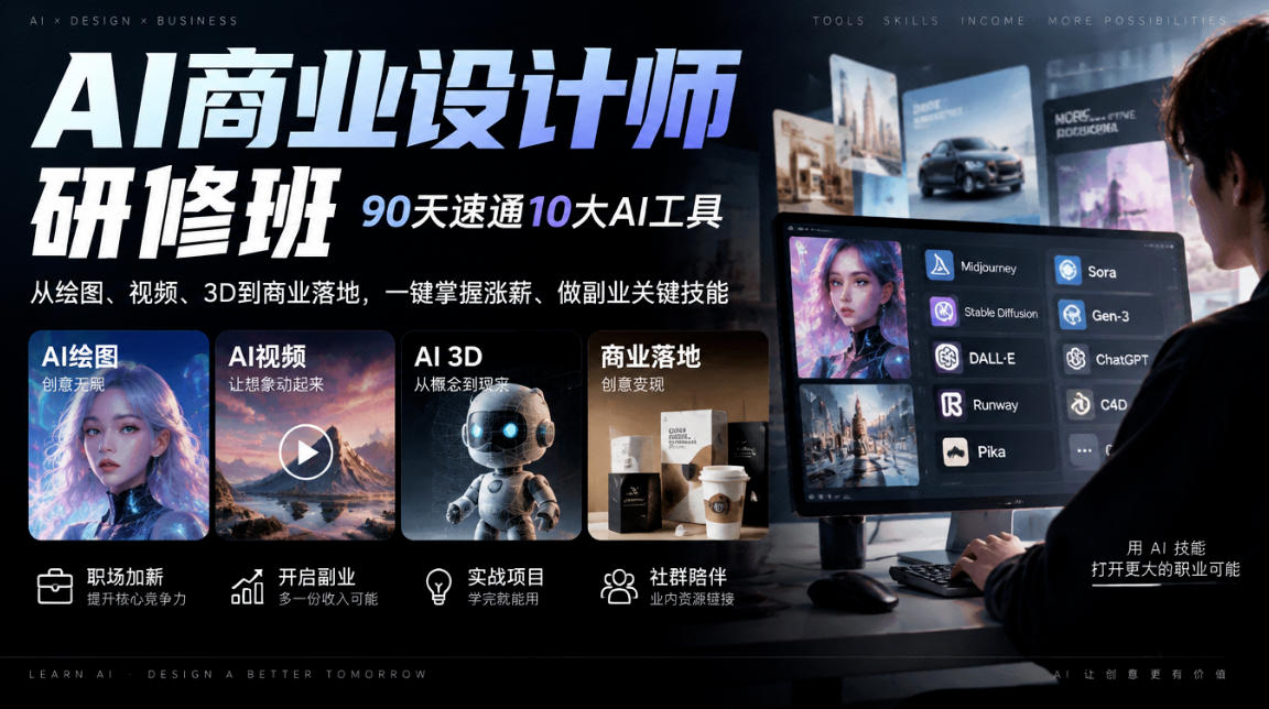 AI商业设计师研修班，90天速通10大AI工具，从绘图、视频、3D到商业落地，一键掌握涨薪、做副业关键技能-来聚吧