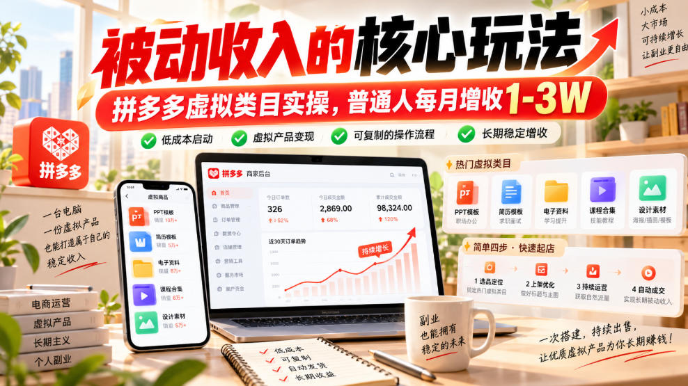 被动收入的核心玩法,拼多多虚拟类目实操,普通人每月增收1-3W【揭秘】-来聚吧