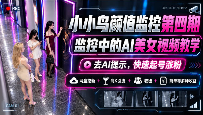 小小鸟颜值监控第四期，监控中的AI美女视频教学，去AI提示，快速起号涨粉，网盘拉新+商K引流+收徒+商单等多种收益-来聚吧