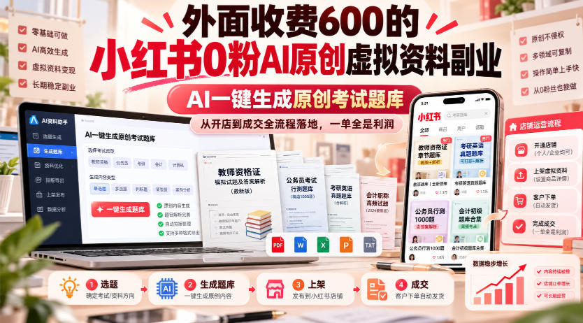 外面收费600的小红书0粉AI原创虚拟资料副业,AI一键生成原创考试题库,从开店到成交全流程落地,一单全是利润-来聚吧