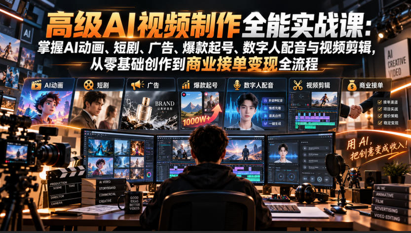 高级AI视频制作全能实战课:掌握AI动画、短剧、广告、爆款起号、数字人配音与视频剪辑,从零基础创作到商业接单变现全流程-来聚吧