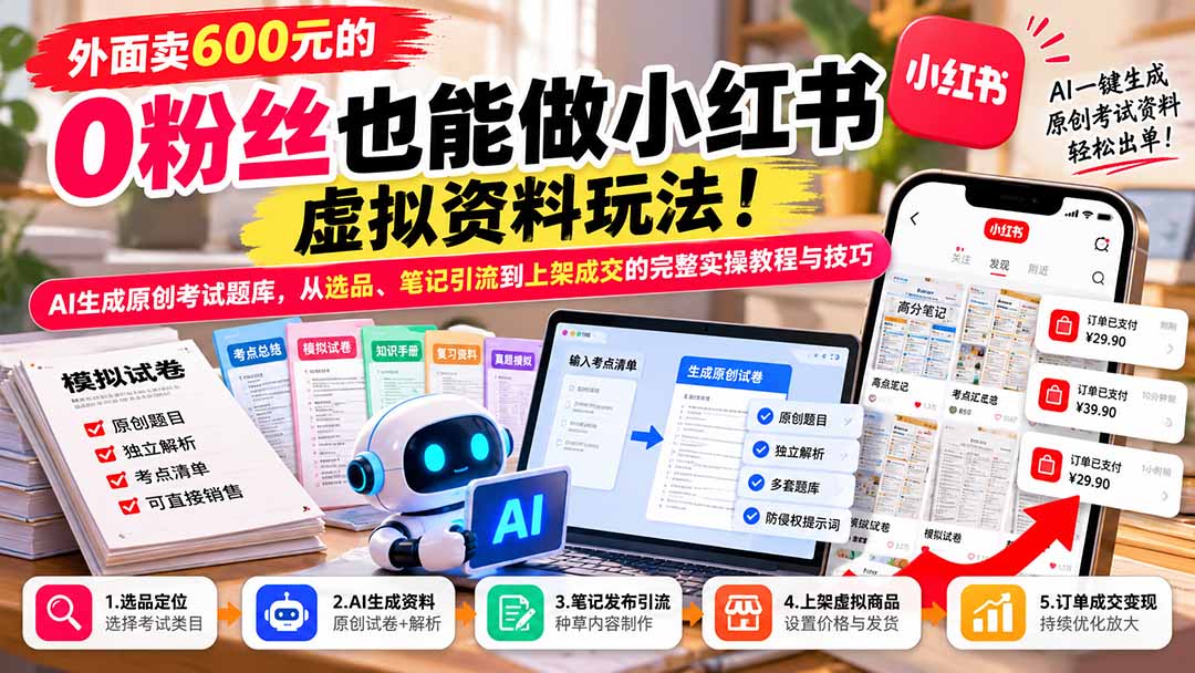 外面卖600元的 零粉丝也能做小红书虚拟资料玩法!AI生成原创考试题库,从选品、笔记引流到上架成交的完整实操教程-来聚吧