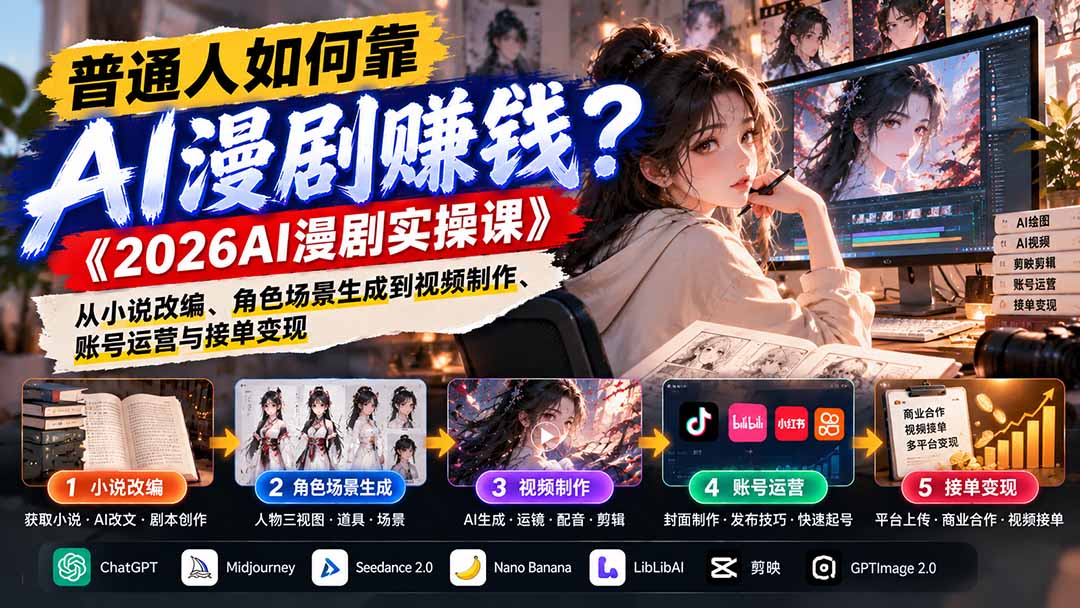 普通人如何靠AI漫剧赚钱?《2026AI漫剧实操课》从小说改编、角色场景生成到视频制作、账号运营与接单变现-来聚吧