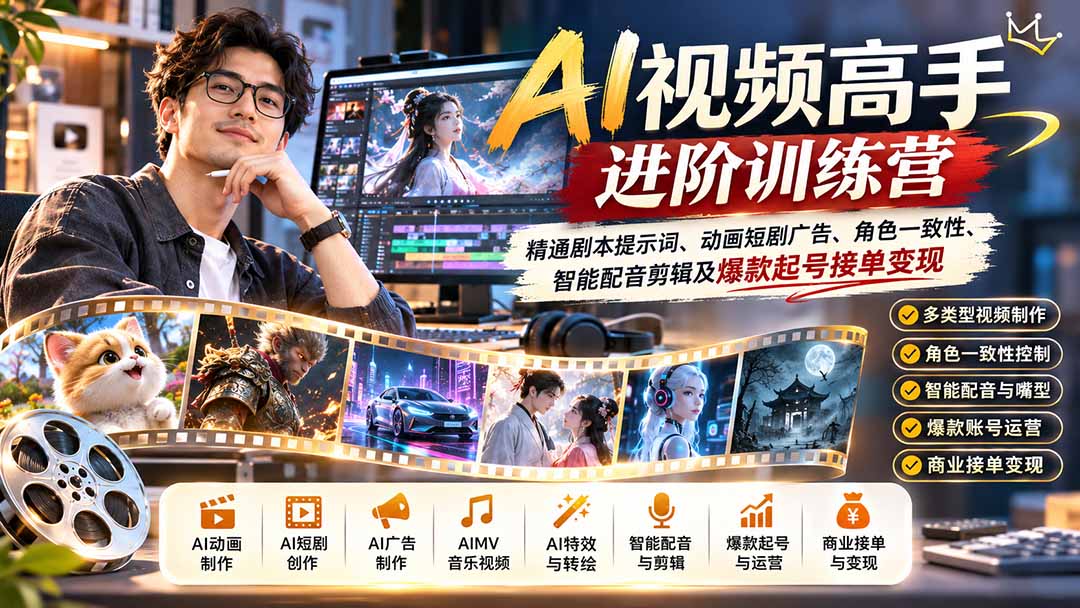 AI视频高手进阶训练营：精通剧本提示词、动画短剧广告、角色一致性、智能配音剪辑及爆款起号接单变现-来聚吧