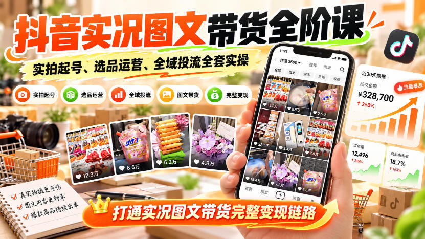 抖音实况图文带货全阶课|实拍起号、选品运营、全域投流全套实操,打通实况图文带货完整变现链路-来聚吧