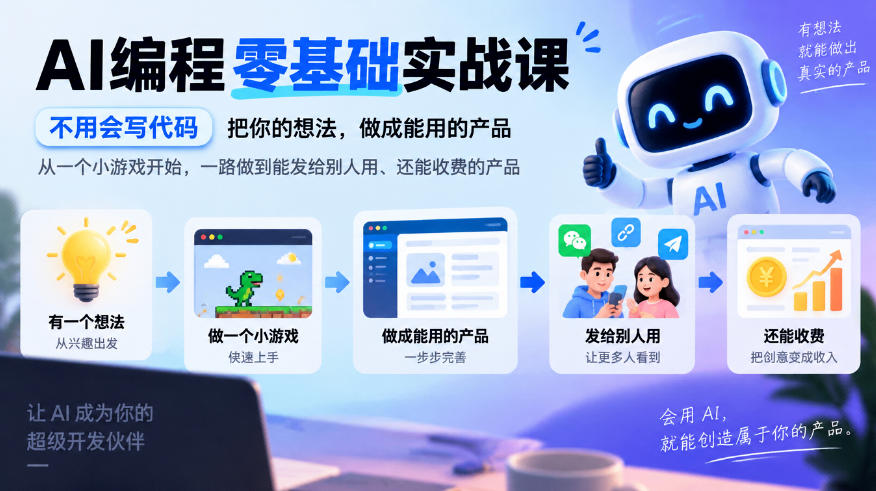 AI编程零基础实战课,不用会写代码,把你的想法,做成能用的产品,从一个小游戏开始,一路做到能发给别人用、还能收费的产品-来聚吧