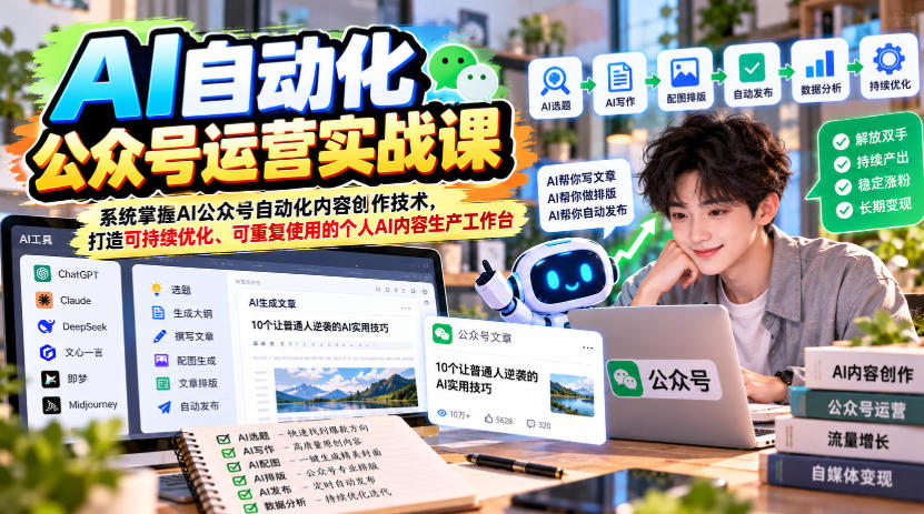 AI自动化公众号运营实战课,系统掌握AI公众号自动化内容创作技术,打造可持续优化、可重复使用的个人AI内容生产工作台-来聚吧