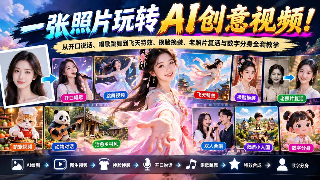 一张照片玩转AI创意视频！从开口说话、唱歌跳舞到飞天特效、换脸换装、老照片复活与数字分身全套教学-来聚吧