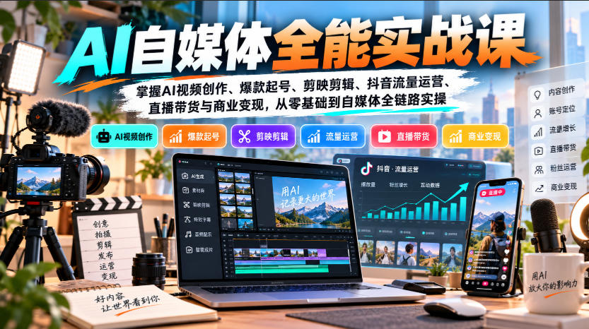 【无水印】AI自媒体全能实战课，掌握AI视频创作、爆款起号、剪映剪辑、抖音流量运营、直播带货与商业变现，从零基础到自媒体全链路实操-来聚吧