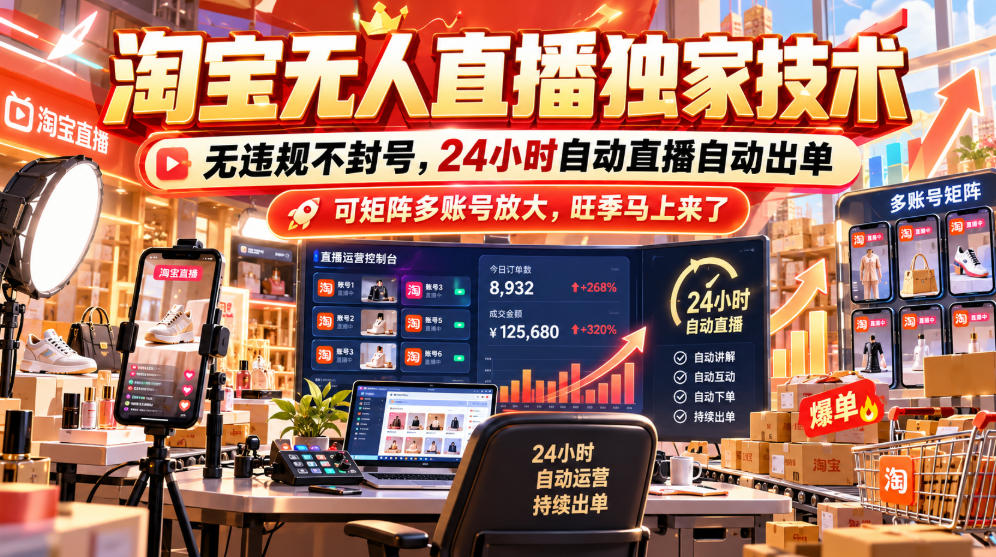 淘宝无人直播独家技术,无违规不封号,24小时自动直播自动出单,可矩阵多账号放大,旺季马上来了【揭秘】-来聚吧