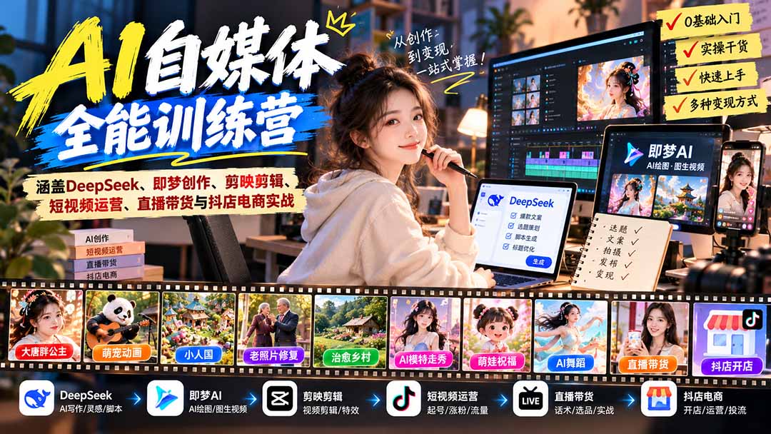 【无水印】AI+自媒体全能训练营：涵盖DeepSeek、即梦创作、剪映剪辑、短视频运营、直播带货与抖店电商实战-来聚吧