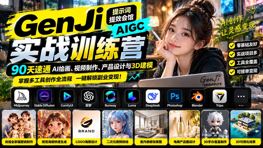 GenJi AIGC实战训练营:90天速通AI绘画、视频制作、产品设计与3D建模,掌握多工具创作全流程-来聚吧
