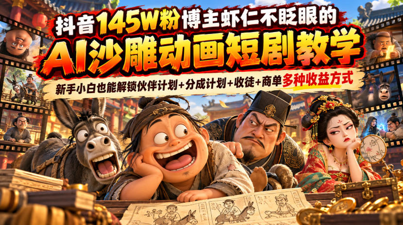 抖音145W粉博主虾仁不眨眼的AI沙雕动画短剧教学，新手小白也能解锁伙伴计划+分成计划+收徒+商单多种收益方式-来聚吧