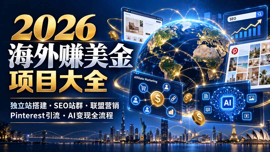 2026海外赚美金项目大全：独立站搭建、SEO站群、联盟营销、Pinterest引流与AI变现全流程-来聚吧