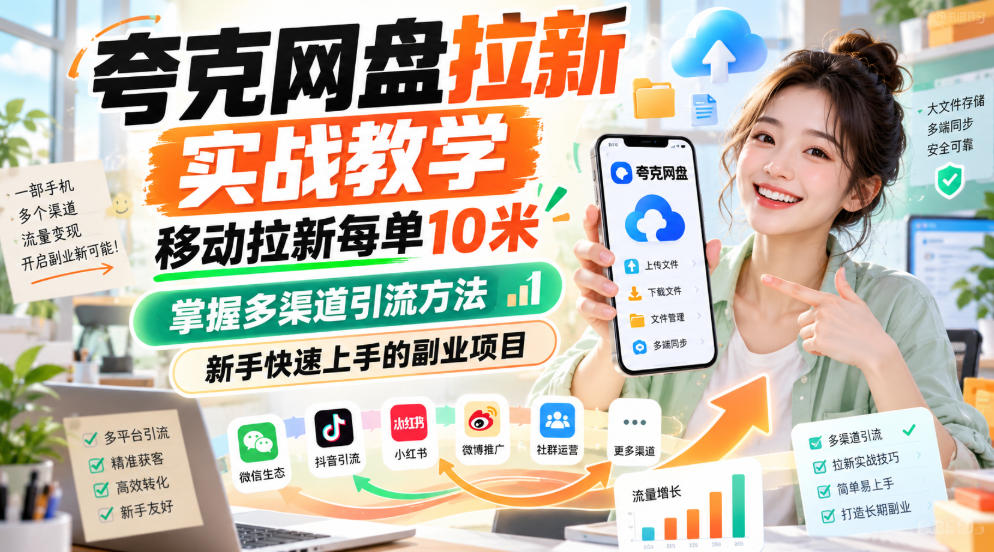 夸克网盘拉新实战教学,移动拉新每单10米,掌握多渠道引流方法,新手快速上手的副业项目(更新1028)-来聚吧