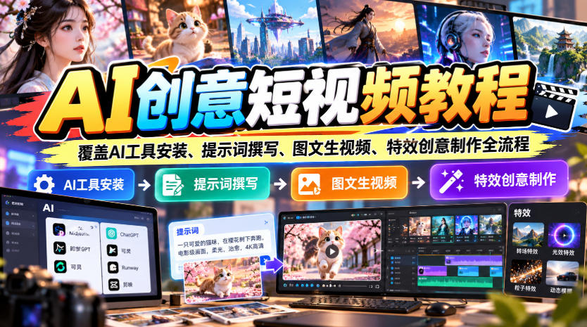 AI创意短视频教程，覆盖AI工具安装、提示词撰写、图文生视频、特效创意制作全流程-来聚吧