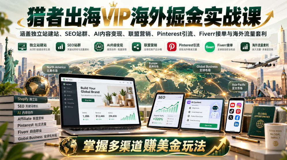 猎者出海VIP海外掘金实战课：涵盖独立站、SEO站群、AI变现、联盟营销、Pinterest引流、Fiverr接单与海外流量套利，掌握多渠道賺美金玩法-来聚吧