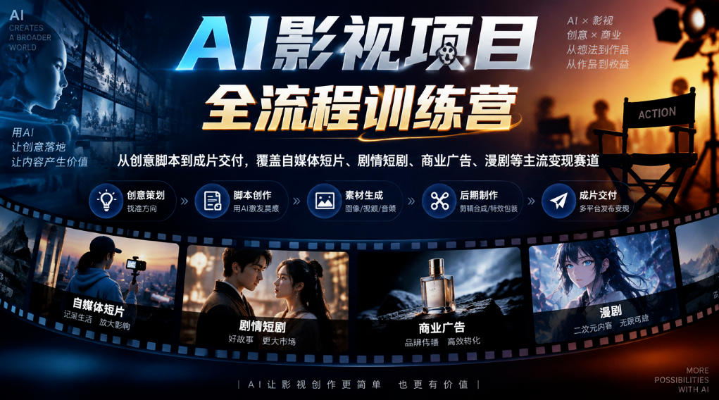 AI影视项目全流程训练营,从创意脚本到成片交付,覆盖自媒体短片、剧情短剧、商业广告、漫剧等主流变现赛道-来聚吧