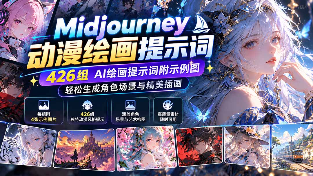 Midjourney动漫绘画提示词:426组AI绘画提示词附示例图,轻松生成角色场景与精美插画-来聚吧
