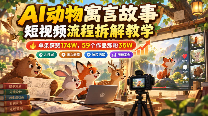 AI动物寓言故事短视频流程拆解教学，单条获赞174W，59个作品涨粉36W-来聚吧