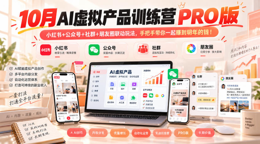10月AI虚拟产品训练营PRO版,小红书+公众号+社群+朋友圈联动玩法,手把手带你一起赚到明年的钱!(更新1029)-来聚吧