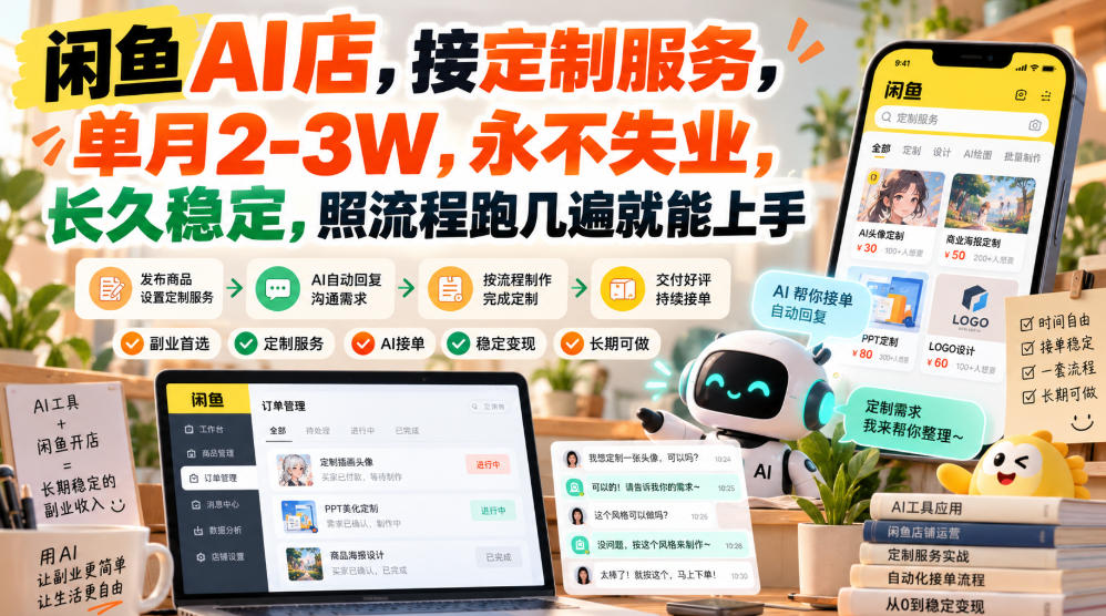 闲鱼AI店,接定制服务,单月2-3W,永不失业,长久稳定,照流程跑几遍就能上手-来聚吧